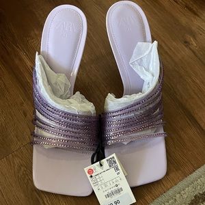 Zara RHINESTONE VINYL HIGH HEEL SANDALS Color Lavender Sz 10
